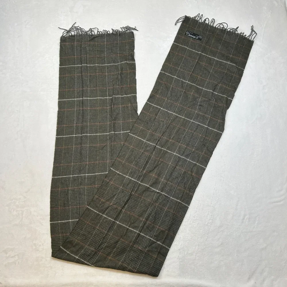 Coshmink V.Fraas Plaid Winter Scarf Gray Brown Windowpane Pattern Fringe Acrylic